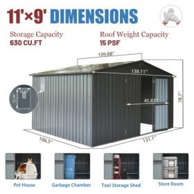Storage Shed 11x 9 With Galvanized Steel Frame  Windows, Outdoor Garden Shed Metal Utility Tool Storage Room With Lockable Door For Patio  Dark Gray